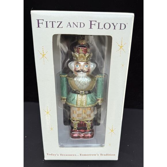 Fitz and Floyd Hand Painted Glass Nutcracker Holly Motif Ornament New In Box -S1 - Picture 1 of 8